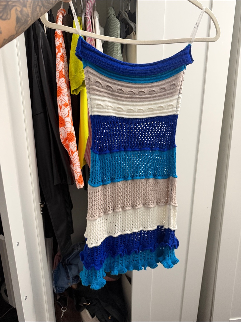 Striped Crochet Knit Tube Top Sweater Dress - Blue, Teal, White, Taupe